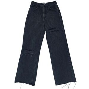 ZARA High Rise Wide Leg Raw Hem Distressed Jeans 4 Black Relaxed Fit Baggy Denim